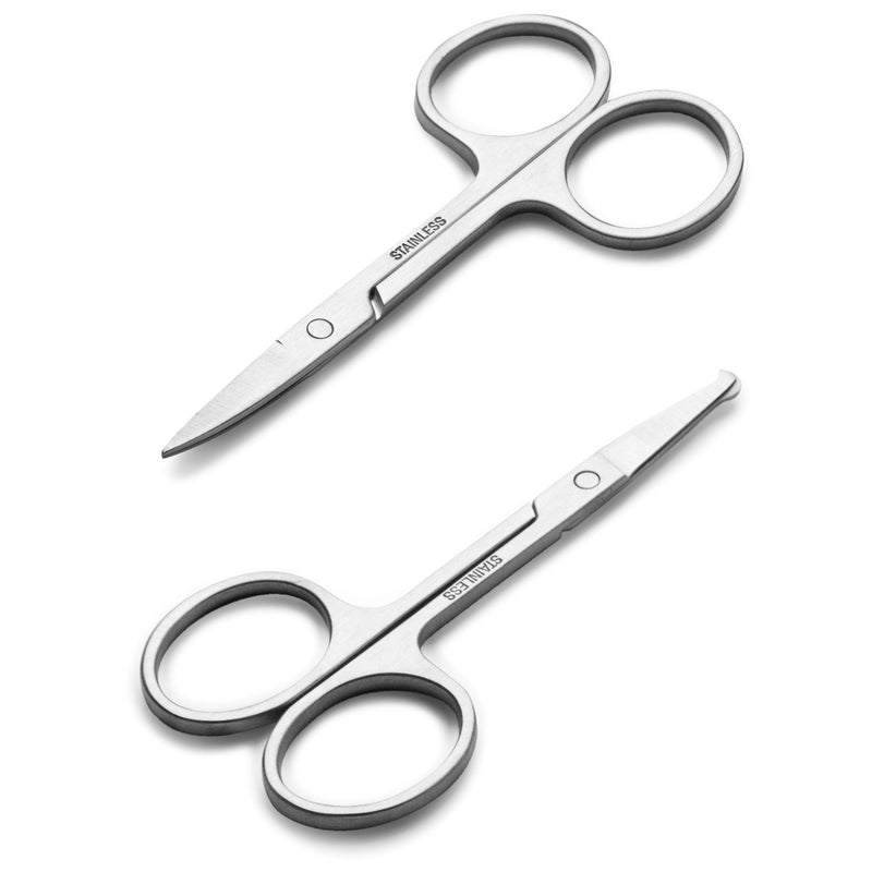 LePinko Facial Hair Small Grooming Scissors For Men Women - Eyebrow, Nose Hair, Mustache, Beard, Eyelashes, Ear Trimming Kit - Curved and Rounded Safety Tip Clippers For Hair Cutting - 2PCS Silver - Image 1