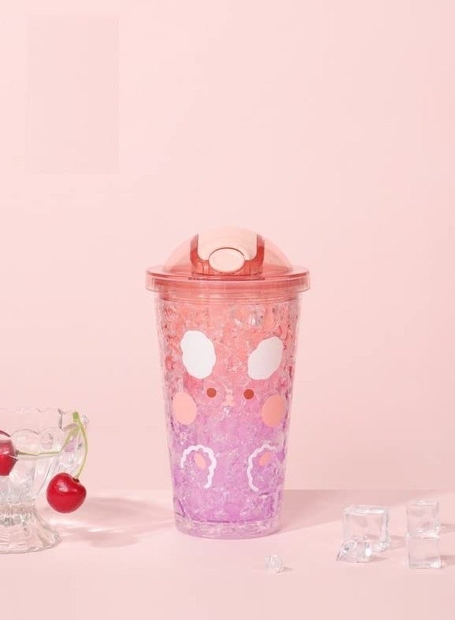 TEMSON Double Wall Cartoon Printed Sipper with Straw,Jelly Freezer Water Sipper for Kids, Acrylic Sipper Bottle with Straw - 450 ML (A - Pink)(BB 9012) - Image 1