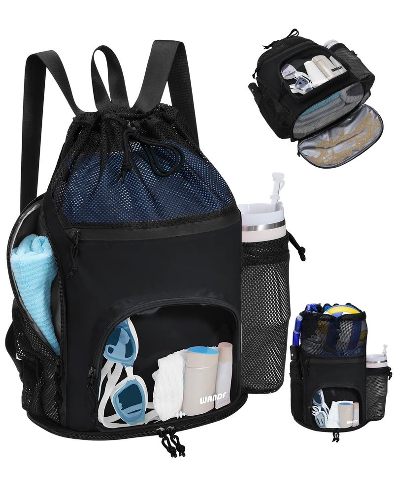 WANDF Swim Bag with Wet Pockets Sandproof Beach Backpack with 40oz Tumbler Side Pockets Mesh Drawstring Backpack Swim Bag for Swimming Pool Gym and Workout Gear Black - Image 2