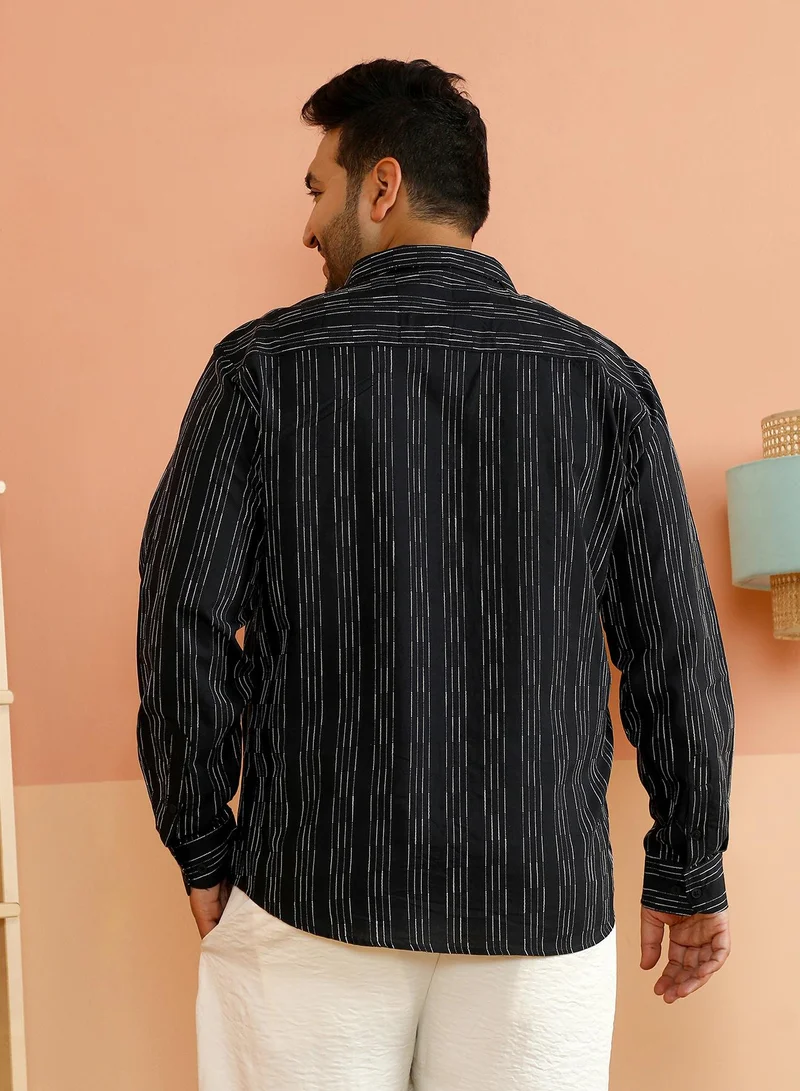 Instafab Plus Instafab Plus Men's Onyx Black Gradient-Pinstriped Shirt For Casual Wear | Spread Collar | Long Cuffed Sleeves | Button Closure | Plus Size Shirt Crafted With Comfort Fit For Everyday Wear