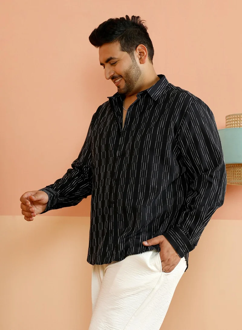 Instafab Plus Instafab Plus Men's Onyx Black Gradient-Pinstriped Shirt For Casual Wear | Spread Collar | Long Cuffed Sleeves | Button Closure | Plus Size Shirt Crafted With Comfort Fit For Everyday Wear