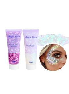 Generic 50ml*2Pcs Facial Body Lip Sequins Gel Singer Concerts Music Festival Rave Accessories Mermaid Face Glitter Gel Sequins Glitter Face Paint Chunky Hair Sparkling Glitter Gel for Wome Stage Makeup  - Image 1