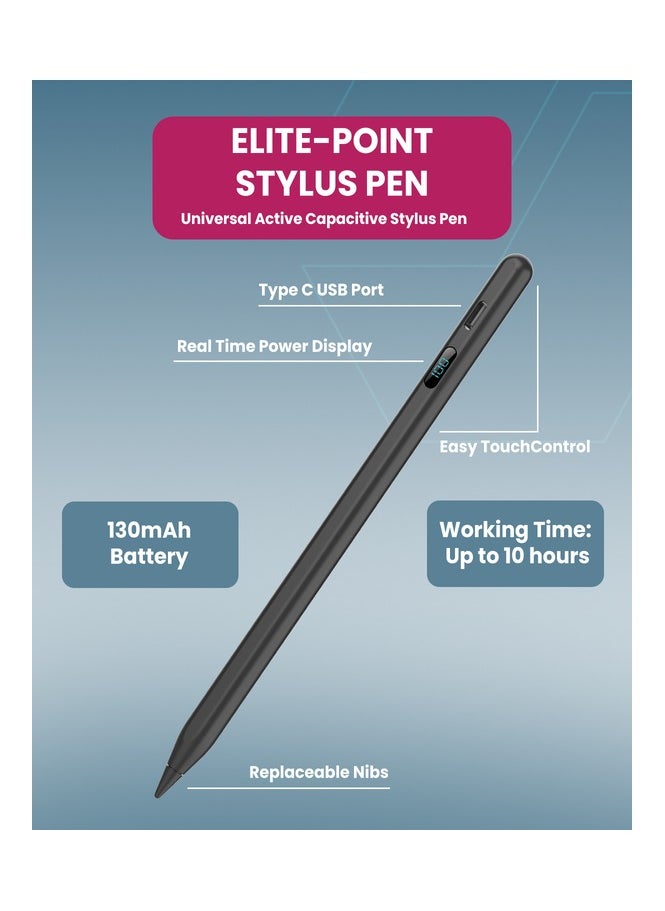 Moxedo Moxedo Elite-Point Universal Active Capacitive Stylus Pen Type-C Charging Port with Replaceable Nib Digital Battery Display Compatible for iOS, Android Touch Screen Devices and Tablet - Black  - Image 5
