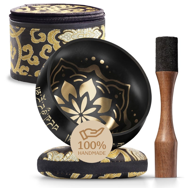 Handmade Tibetan Etched Singing Bowl Set with Case Meditation Bowl Sound Bowl with Cushion Mallet Guide Stress Relief Instruments Yoga Therapy Tools Mindfulness Gift Set