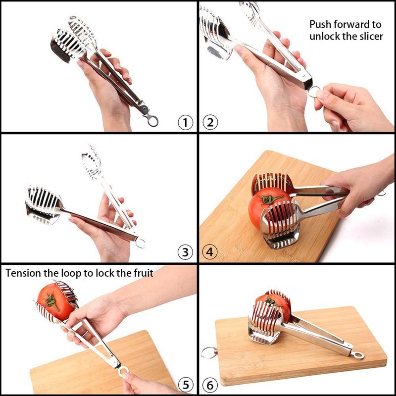 KAYCROWN Best Utensils Tomato Slicer Lemon Cutter Multipurpose Handheld Round Fruit Tongs Stainless Steel Onion Holder Easy Slicing Kiwi Fruits & Vegetable Tools Kitchen Cutting Aid Gadgets Tool - Image 5