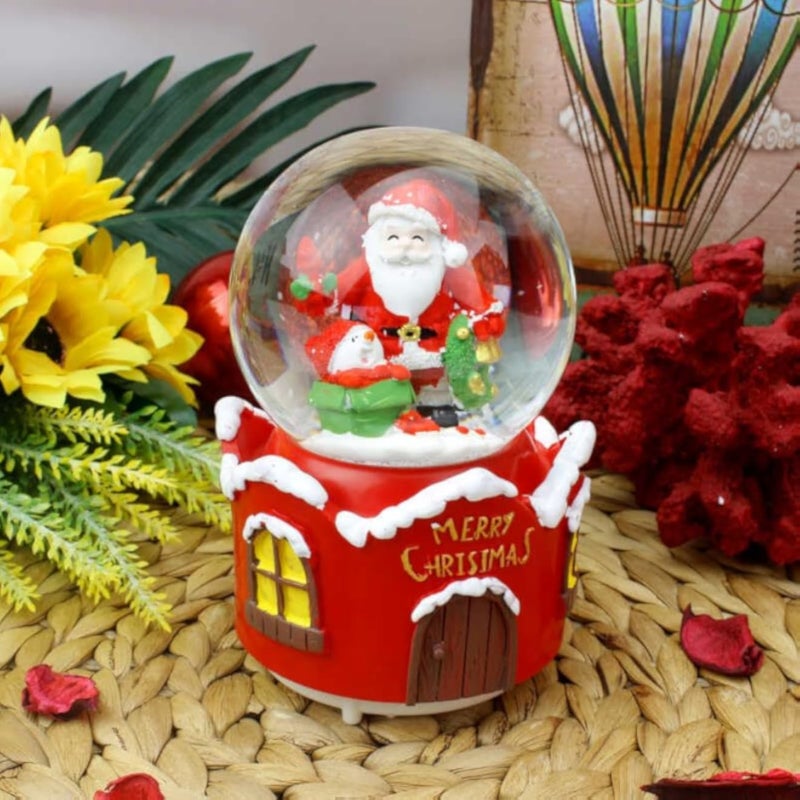 كرة ثلجية موسيقية لعيد الميلاد مع سانتا كلوز، إضاءة LED، قاعدة منزل حمراء