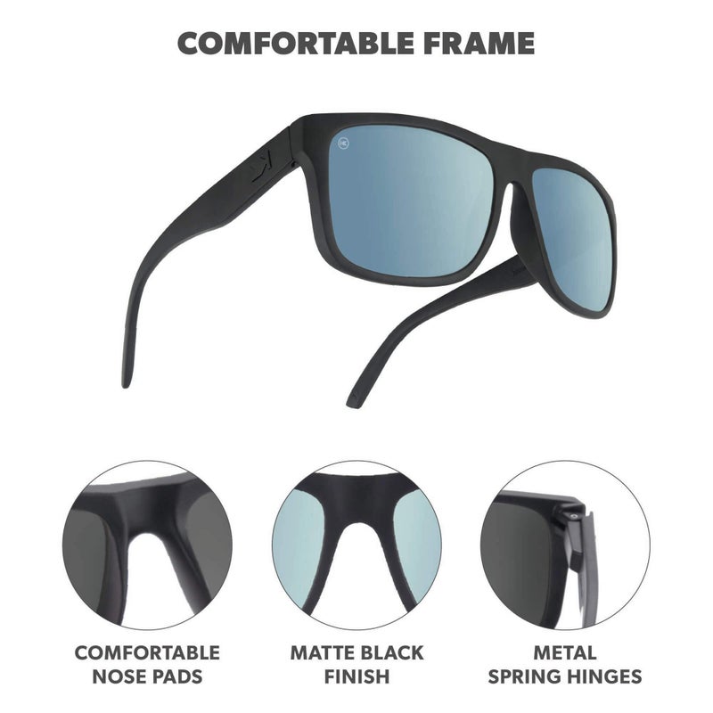 Knockaround Torrey Pines Polarized Sunglasses for Men & Women - Impact Resistant Lenses & Full UV400 Protection, Matte Black Frames/Blue Reflective Lenses - Image 3
