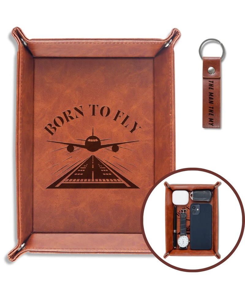 INNObeta Pilot Gifts Valet Tray for Men Male Aviation Gifts Desktop Storage Organizer PU Leather Bedside Tray Key Coin Holder for Pilots Aviation Lovers on Birthday Christmas Born to Fly