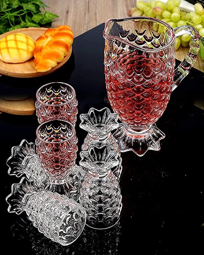 Red-Rubby Pineapple Design Crystal Glass Water Juice Jug with Glasses | 1 Jug with 6 Glasses Set for Drink | Stylish Crystal Desire Lemon Juice Water Jug | (1.3L Jug) (220 ml Each Glass) - Image 1