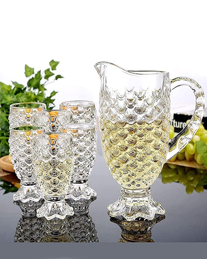 Red-Rubby Pineapple Design Crystal Glass Water Juice Jug with Glasses | 1 Jug with 6 Glasses Set for Drink | Stylish Crystal Desire Lemon Juice Water Jug | (1.3L Jug) (220 ml Each Glass) - Image 2