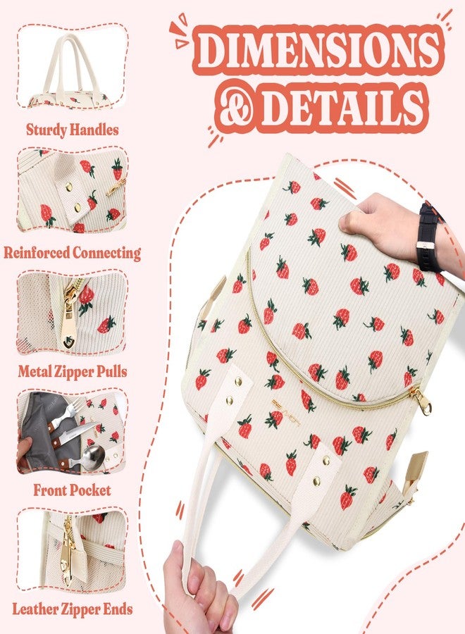 LOKASS Lunch Bag Women Insulated Lunch Box Wide-Open Lunch Tote Bag Large Drinks Holder Durable Nylon Thermal Snacks Organizer for Men Adults Work Picnic Hiking Beach Fishing, Strawberry Corduroy - Image 5