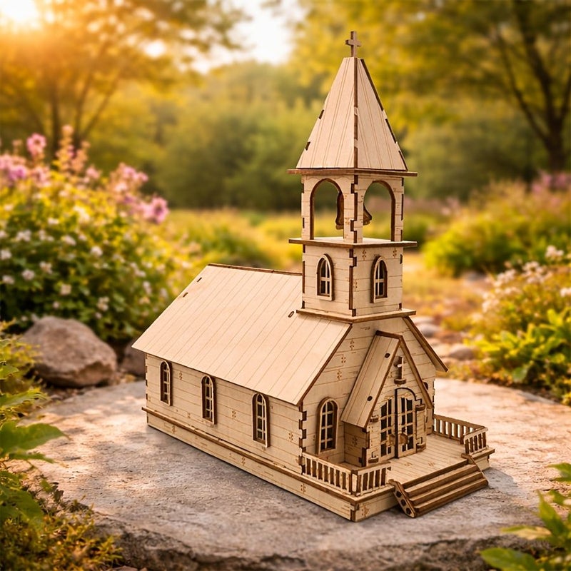 Wooden 3D Assembly Church Model Handmade Retro Desktop Decoration - Image 1