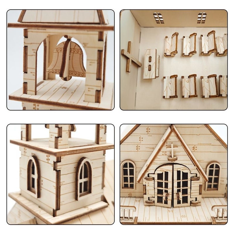 Wooden 3D Assembly Church Model Handmade Retro Desktop Decoration - Image 5