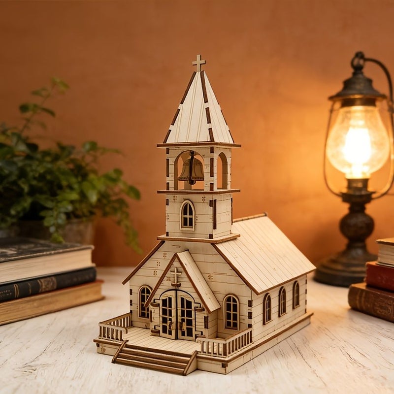Wooden 3D Assembly Church Model Handmade Retro Desktop Decoration - Image 4