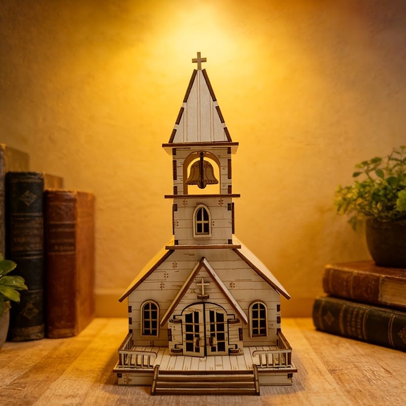 Wooden 3D Assembly Church Model Handmade Retro Desktop Decoration - Image 3