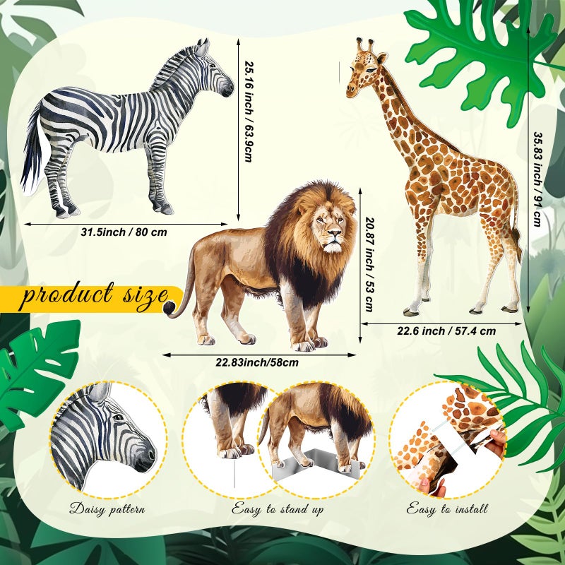 Amyhill 3 Pcs Jungle Safari Animal Cardboard Cutout Standup Life Size Safari Birthday Party Decorations Lion Giraffe Zebra Cardboard Cutouts for Baby Shower Birthday Party Photo Backdrop Favors - Image 3