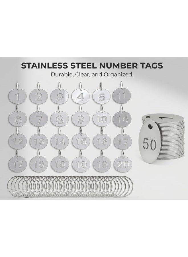 Simidobook Number Key Tags, Round Metal Number Tags Stainless Steel Number ID Key Tags with Hole Number Key Ring Chain with Split Ring for Organized Coding Key Box Cabinet System Identifiers (50, 1-50) - Image 3