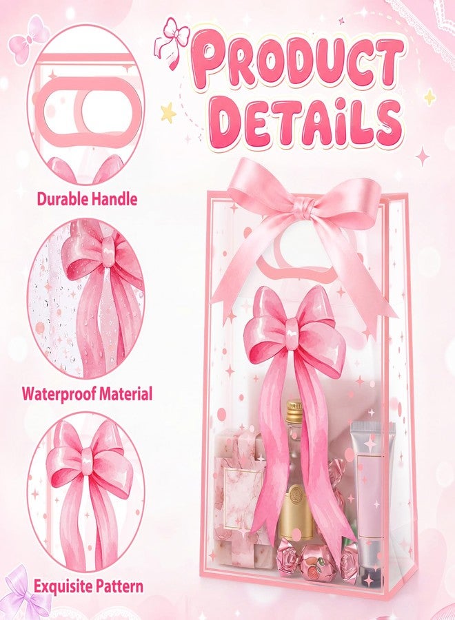 Hsei 24 Pcs Pink Bow Gifts Bag Bulk Clear Coquette Goodies Bags with Handles Treat Candy Bag for Birthday Bridal Shower Wedding Sweet Party Supplies Decoration, 7.1 x 10.2 x 3.1 Inch - Image 3