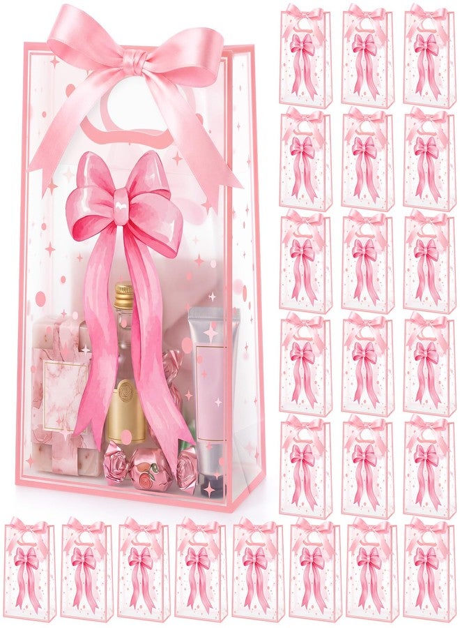 Hsei 24 Pcs Pink Bow Gifts Bag Bulk Clear Coquette Goodies Bags with Handles Treat Candy Bag for Birthday Bridal Shower Wedding Sweet Party Supplies Decoration, 7.1 x 10.2 x 3.1 Inch - Image 1