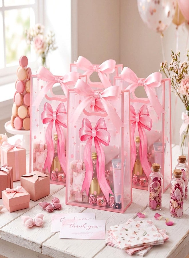 Hsei 24 Pcs Pink Bow Gifts Bag Bulk Clear Coquette Goodies Bags with Handles Treat Candy Bag for Birthday Bridal Shower Wedding Sweet Party Supplies Decoration, 7.1 x 10.2 x 3.1 Inch - Image 5
