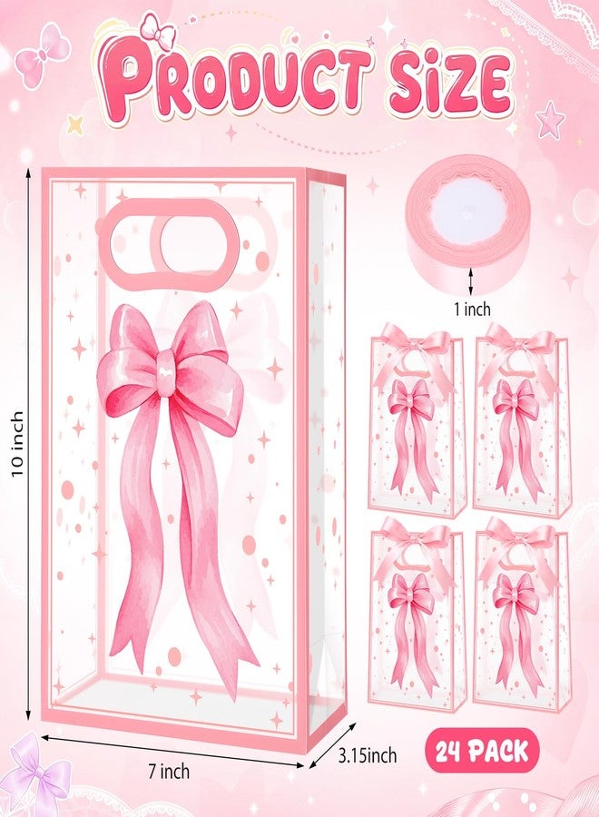 Hsei 24 Pcs Pink Bow Gifts Bag Bulk Clear Coquette Goodies Bags with Handles Treat Candy Bag for Birthday Bridal Shower Wedding Sweet Party Supplies Decoration, 7.1 x 10.2 x 3.1 Inch - Image 2
