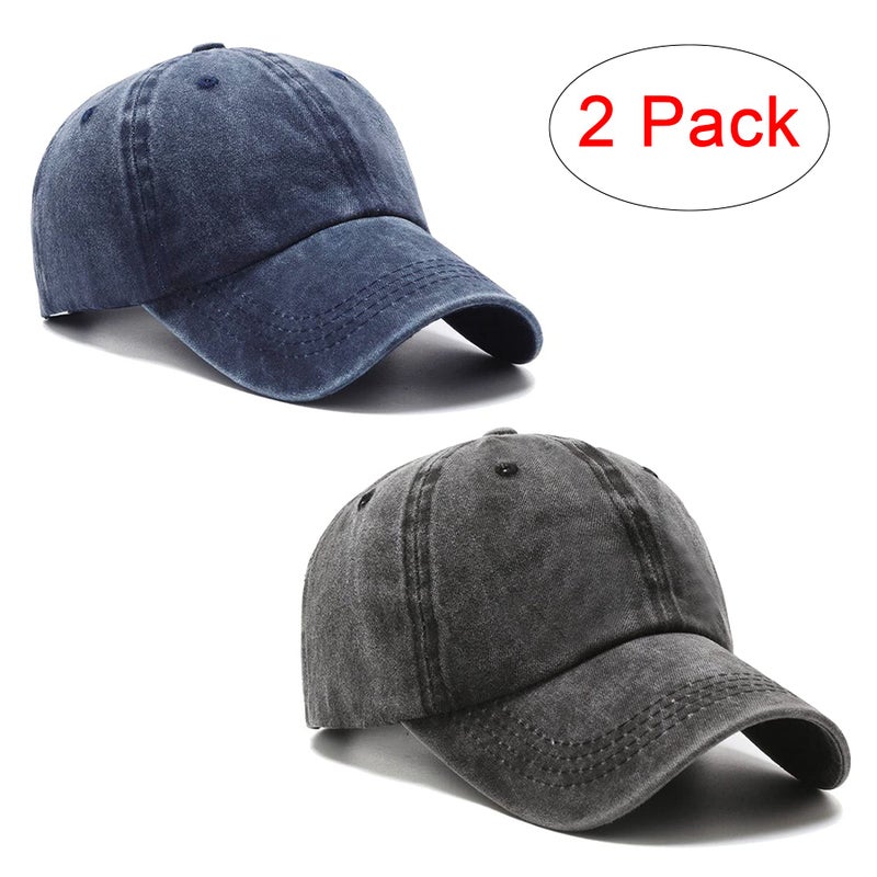 PFFY 2 Packs Vintage Washed Distressed Baseball Cap Dad Golf Hat Black+Blue - Image 2