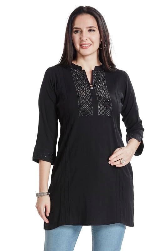 nioni Women’s Fashionable Solid Pleated and Swarovski Work Short Kurti with Stretchable Material | 3/4th Sleeves | Swarovski Work, and Fancy Mandarin Collar Kurti for Women & Girls (Black, L) - Image 1