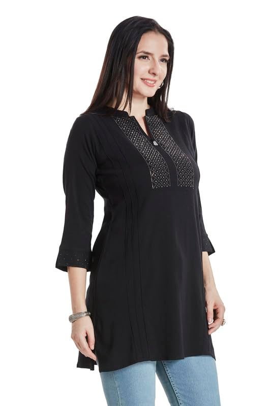 nioni Women’s Fashionable Solid Pleated and Swarovski Work Short Kurti with Stretchable Material | 3/4th Sleeves | Swarovski Work, and Fancy Mandarin Collar Kurti for Women & Girls (Black, L) - Image 3