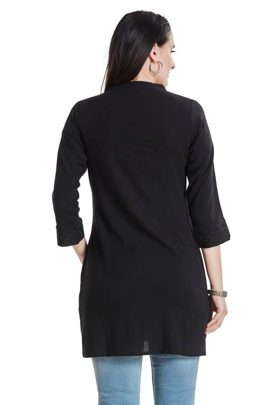 nioni Women’s Fashionable Solid Pleated and Swarovski Work Short Kurti with Stretchable Material | 3/4th Sleeves | Swarovski Work, and Fancy Mandarin Collar Kurti for Women & Girls (Black, L) - Image 2