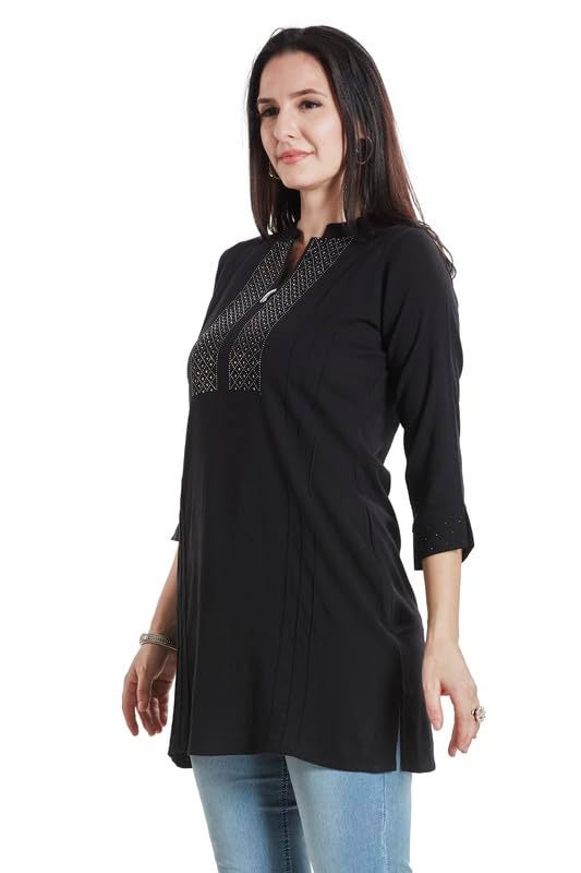 nioni Women’s Fashionable Solid Pleated and Swarovski Work Short Kurti with Stretchable Material | 3/4th Sleeves | Swarovski Work, and Fancy Mandarin Collar Kurti for Women & Girls (Black, L) - Image 4