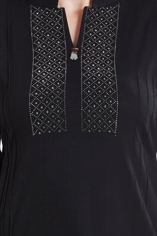 nioni Women’s Fashionable Solid Pleated and Swarovski Work Short Kurti with Stretchable Material | 3/4th Sleeves | Swarovski Work, and Fancy Mandarin Collar Kurti for Women & Girls (Black, L) - Image 5