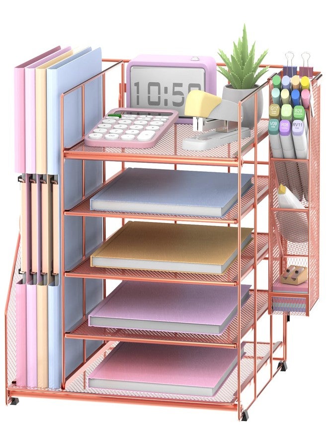 ReePlan Rose Gold Desk Accessories, 5-Tier Desk Organizer with Magazine Holder, Paper Organizer with Pen Holder for Home, Office or School Supplies - Image 1
