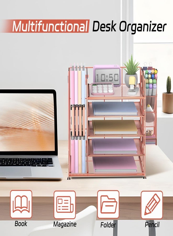 ReePlan Rose Gold Desk Accessories, 5-Tier Desk Organizer with Magazine Holder, Paper Organizer with Pen Holder for Home, Office or School Supplies - Image 2