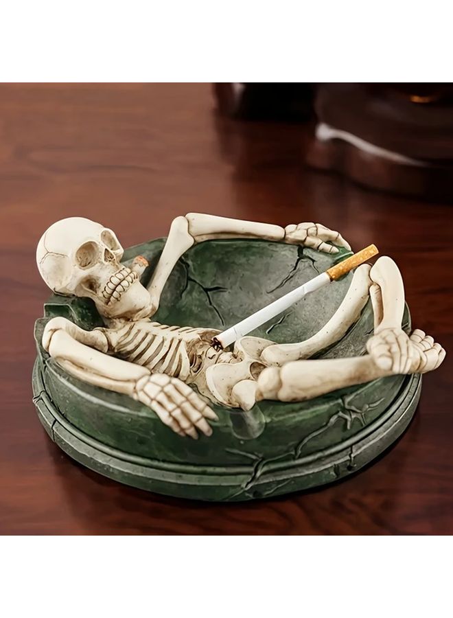 Gothic Round Skeleton Ashtray Durable Resin Skull Decor Realistic Bone Details Halloween Home Use Unique Gift - Image 1