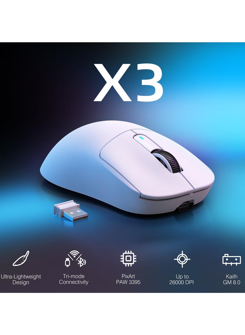 Attack Shark X3 Lightweight Wireless Gaming Mouse with Tri-Mode 2.4G/USB-C Wired/Bluetooth,26K DPI, PAW3395 Optical Sensor,Kailh GM8.0 Switch,5 programmable Buttons for PC/Win/Mac(White)  - Image 2