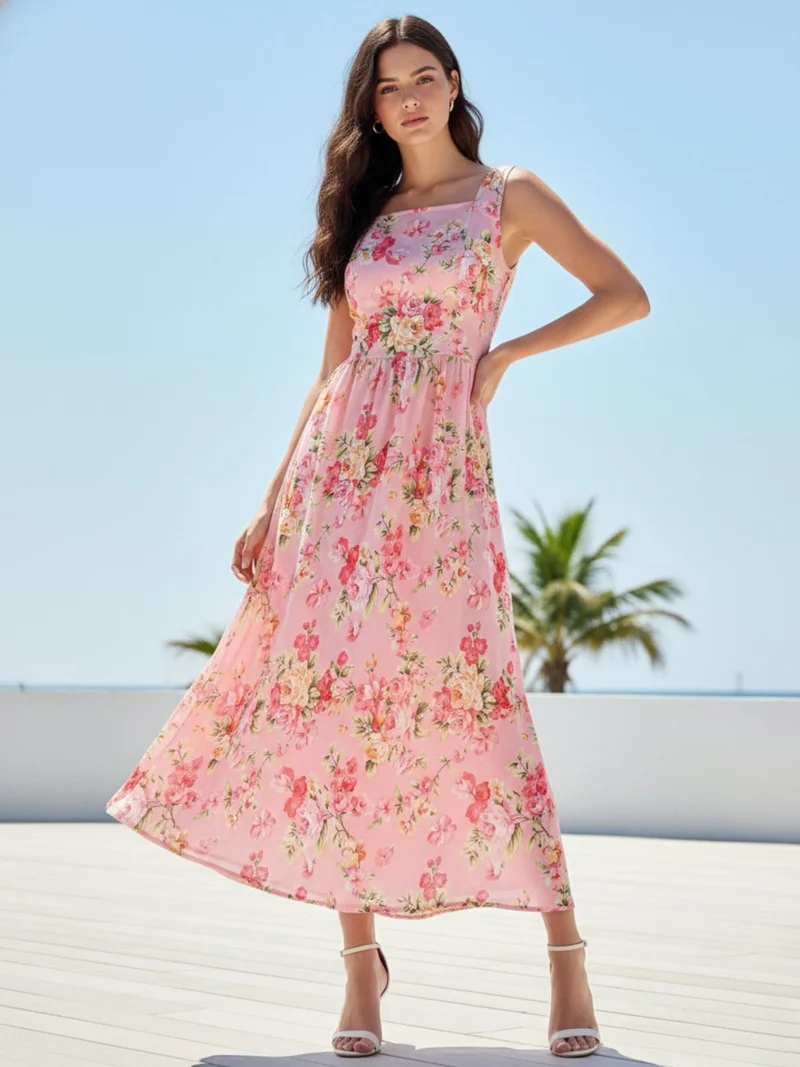 Outzidr  Pink Elegant Printed Midi Dress With Flowy Skirt And Back Bow Detail for Women | Best Price UAE