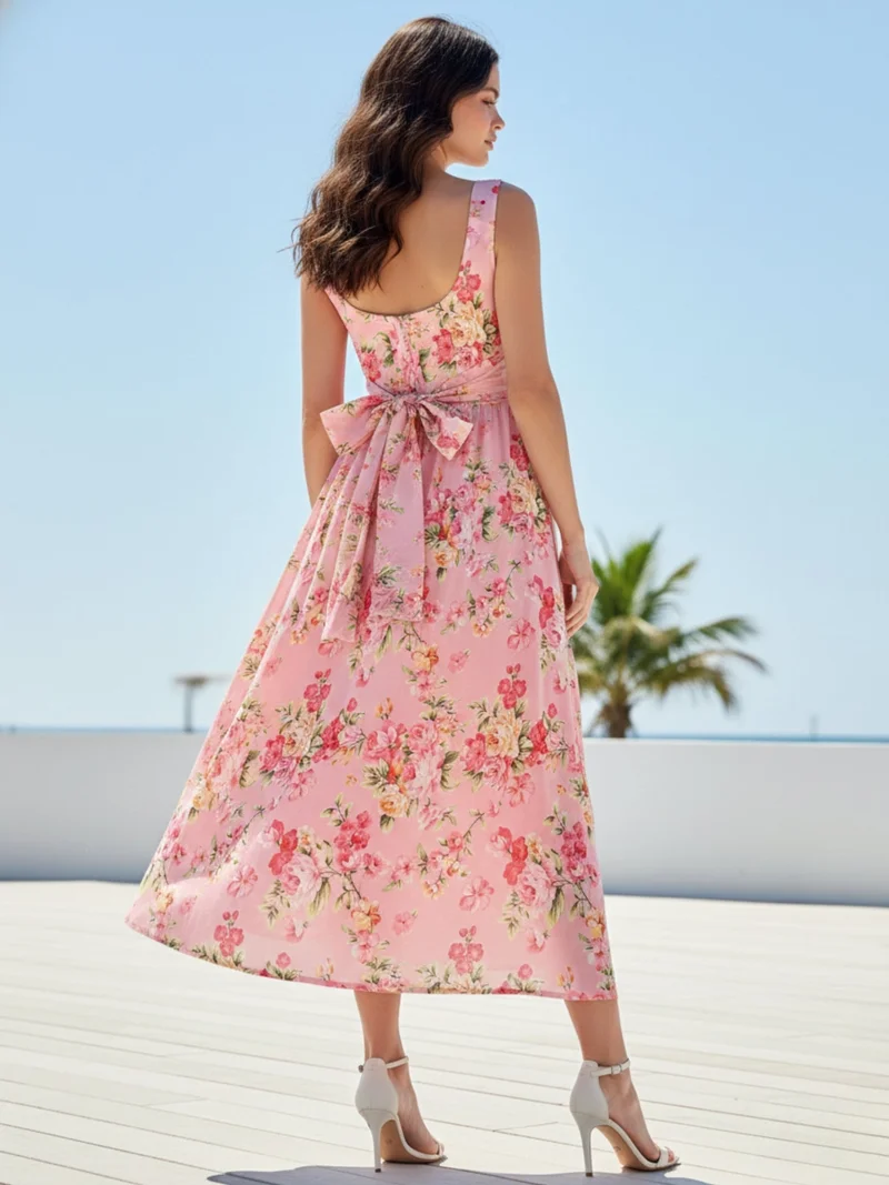 Outzidr  Pink Elegant Printed Midi Dress With Flowy Skirt And Back Bow Detail for Women | Best Price UAE