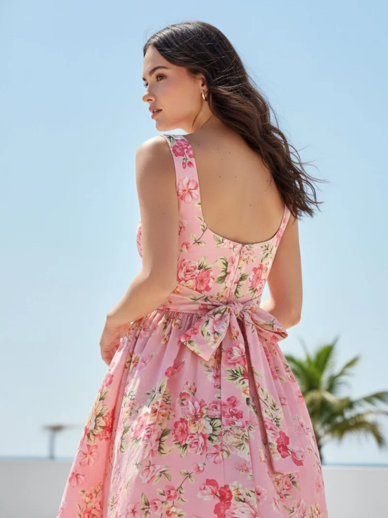 أوجيدر Pink Elegant Printed Midi Dress With Flowy Skirt And Back Bow Detail