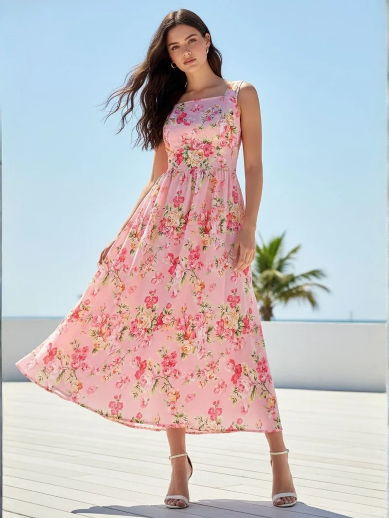 أوجيدر Pink Elegant Printed Midi Dress With Flowy Skirt And Back Bow Detail