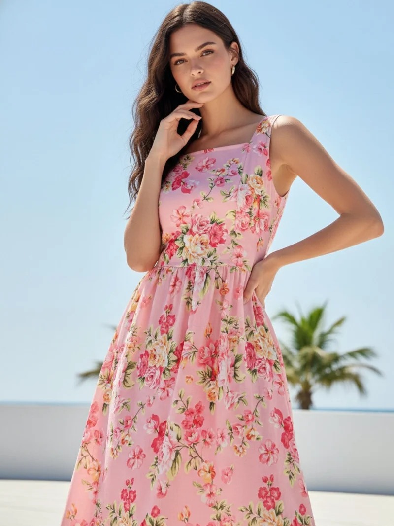 Outzidr  Pink Elegant Printed Midi Dress With Flowy Skirt And Back Bow Detail for Women | Best Price UAE