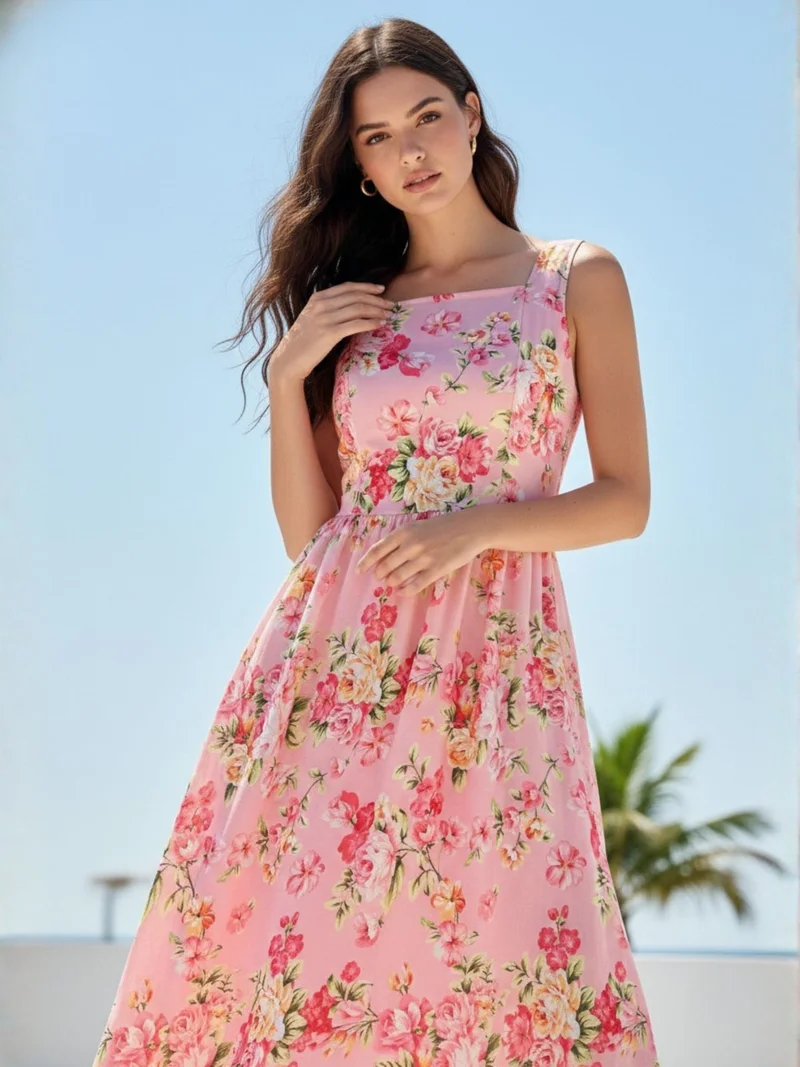 Outzidr  Pink Elegant Printed Midi Dress With Flowy Skirt And Back Bow Detail for Women | Best Price UAE