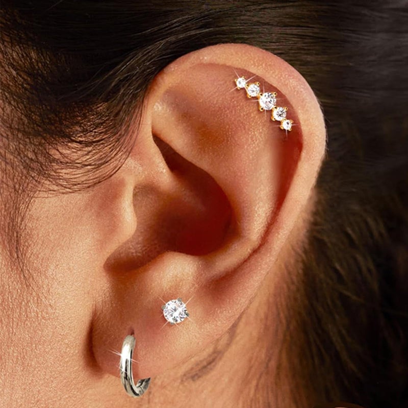 Incaton 20G Cartilage Piercing Jewelry Flat back Helix Earrings for Women Hypoallergenic Surgical Steel Gold Cartilage Hoop Earring Set Daith Tragus Conch Flat Back Stud Earrings Silver - Image 4