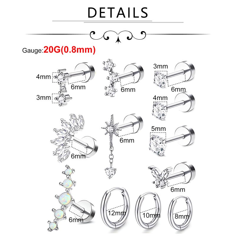 Incaton 20G Cartilage Piercing Jewelry Flat back Helix Earrings for Women Hypoallergenic Surgical Steel Gold Cartilage Hoop Earring Set Daith Tragus Conch Flat Back Stud Earrings Silver - Image 3