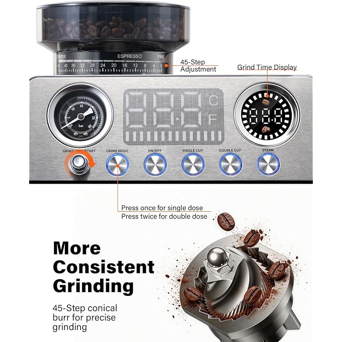SHARDOR 20 Bar Espresso Machine with Built-In Grinder, 45 Settings, Silver | Stainless Steel, Steam Wand, PID Temperature Control, 194-204F, 52mm Portafilter, 60.9 oz Tank, Cappuccino and Latte - Image 3