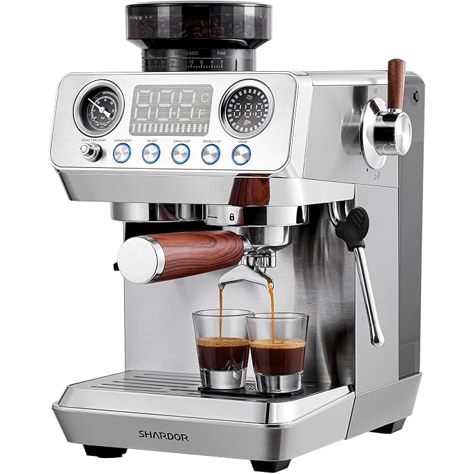 SHARDOR 20 Bar Espresso Machine with Built-In Grinder, 45 Settings, Silver | Stainless Steel, Steam Wand, PID Temperature Control, 194-204F, 52mm Portafilter, 60.9 oz Tank, Cappuccino and Latte - Image 1