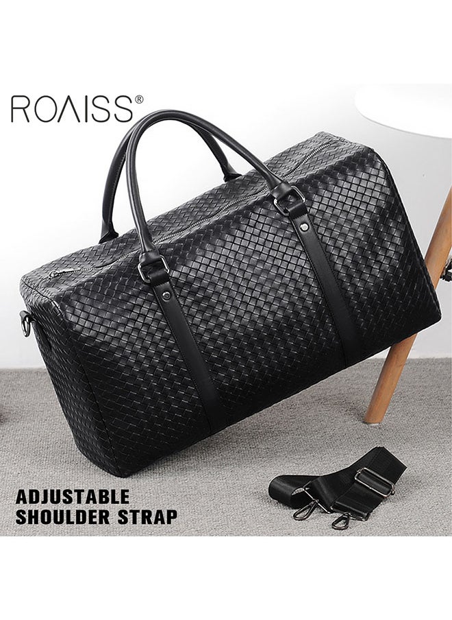roaiss - Men's Pu Leather Travel Handbag Large Capacity Woven Appearance Waterproof Shoulder Bag Detachable Shoulder Strap Sports And Fitness Bag - Image 1