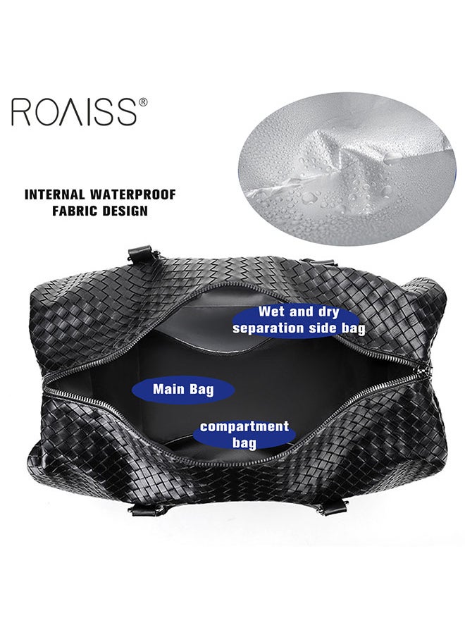 roaiss - Men's Pu Leather Travel Handbag Large Capacity Woven Appearance Waterproof Shoulder Bag Detachable Shoulder Strap Sports And Fitness Bag - Image 1