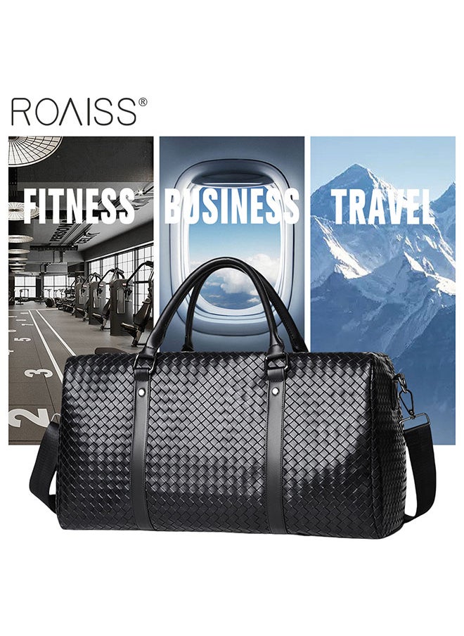 roaiss - Men's Pu Leather Travel Handbag Large Capacity Woven Appearance Waterproof Shoulder Bag Detachable Shoulder Strap Sports And Fitness Bag - Image 1