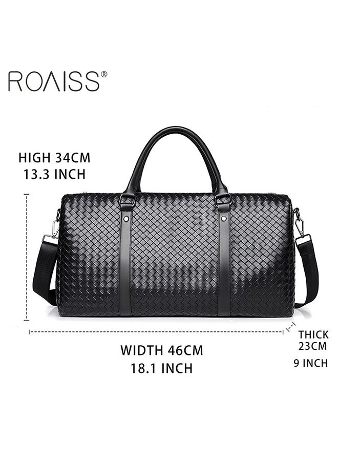 roaiss - Men's Pu Leather Travel Handbag Large Capacity Woven Appearance Waterproof Shoulder Bag Detachable Shoulder Strap Sports And Fitness Bag - Image 1