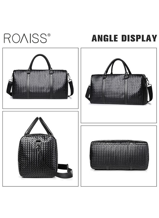 roaiss - Men's Pu Leather Travel Handbag Large Capacity Woven Appearance Waterproof Shoulder Bag Detachable Shoulder Strap Sports And Fitness Bag - Image 1